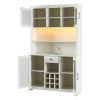 Farmhouse Coffee Bar Cabinet with LED Lights and Outlets with Wine Bottle Rack, 70" Rustic Buffet Cabinet with Wine Bottle and Wine Glass Rack, 1 Draw