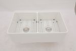 White Farmhouse Sink Workstation - 33 inch White Ceramic Double Bowl Farm Kitchen Sink
