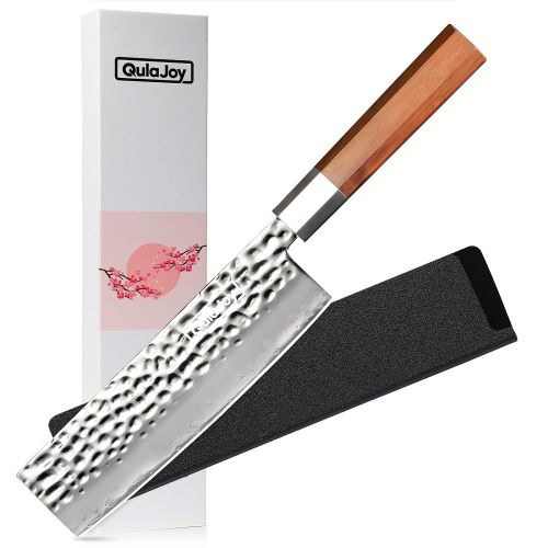 Qulajoy Nakiri Knife 7 Inch - Hammered Japanese Vegetable Knife 9cr18mov Mirror Polishing Hand Forged Blade Kitchen Knife - Olivewood Handle With Shea